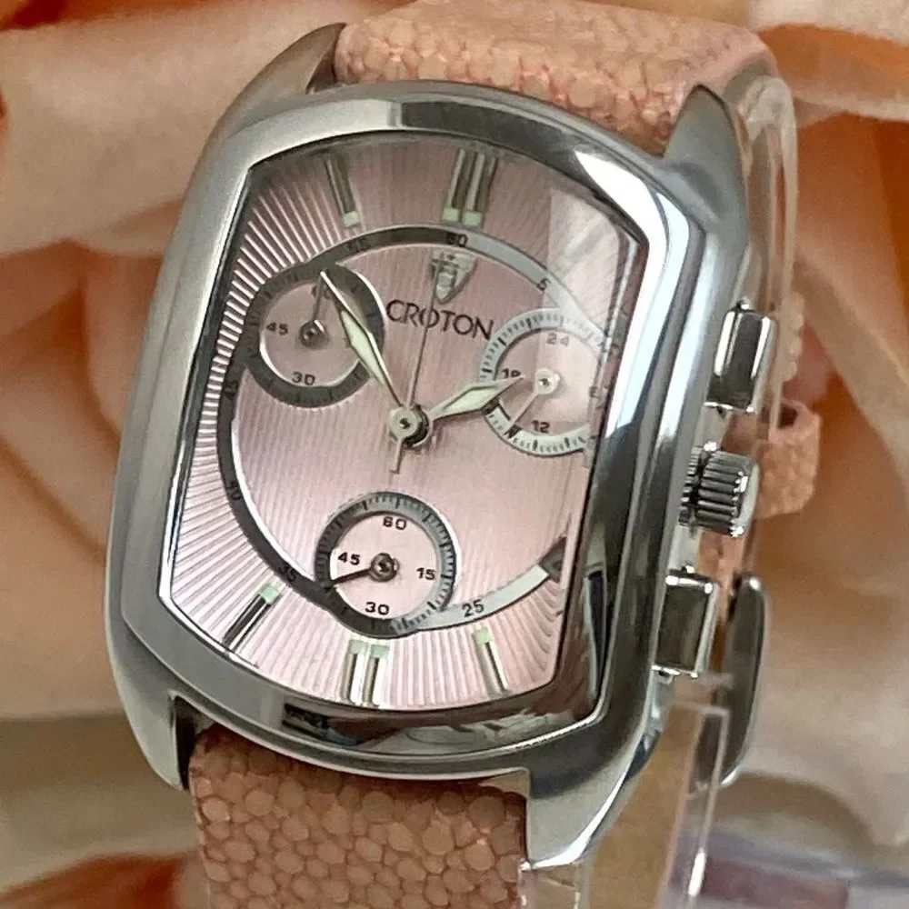 Croton All Stainless Steel Swiss Quartz Chronograph Pink Dial Sharkskin Strap